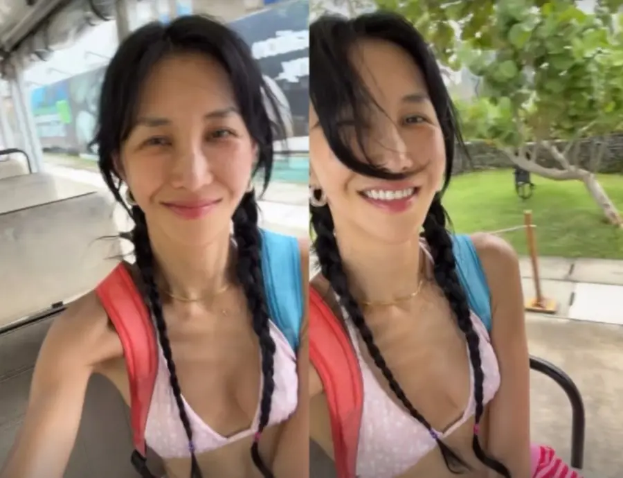 Yun Hye-jin kasama ang anak na si Jion sa tubig ng swimming pool